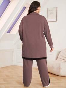 Lacomfia 2pcs Plus Size Casual Color Block Stand Collar Loose Top And Pants Set, Autumn 2 Pieces Set - Dusty Pink - View 2
