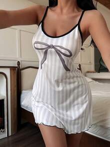 Dream Adore 粉色和白色条纹蝴蝶结印花女式吊带睡袍 - 彩色 - 查看 6