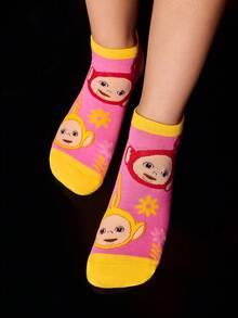 Teletubbies X SHEIN 4双柔软透气吸湿排汗休闲女士短袜，卡通图案可爱，时尚绿色、紫色和粉色短袜，加固脚趾和脚跟，经久耐用，适合所有季节，适合夏季和冬季 - 彩色 - 查看 11