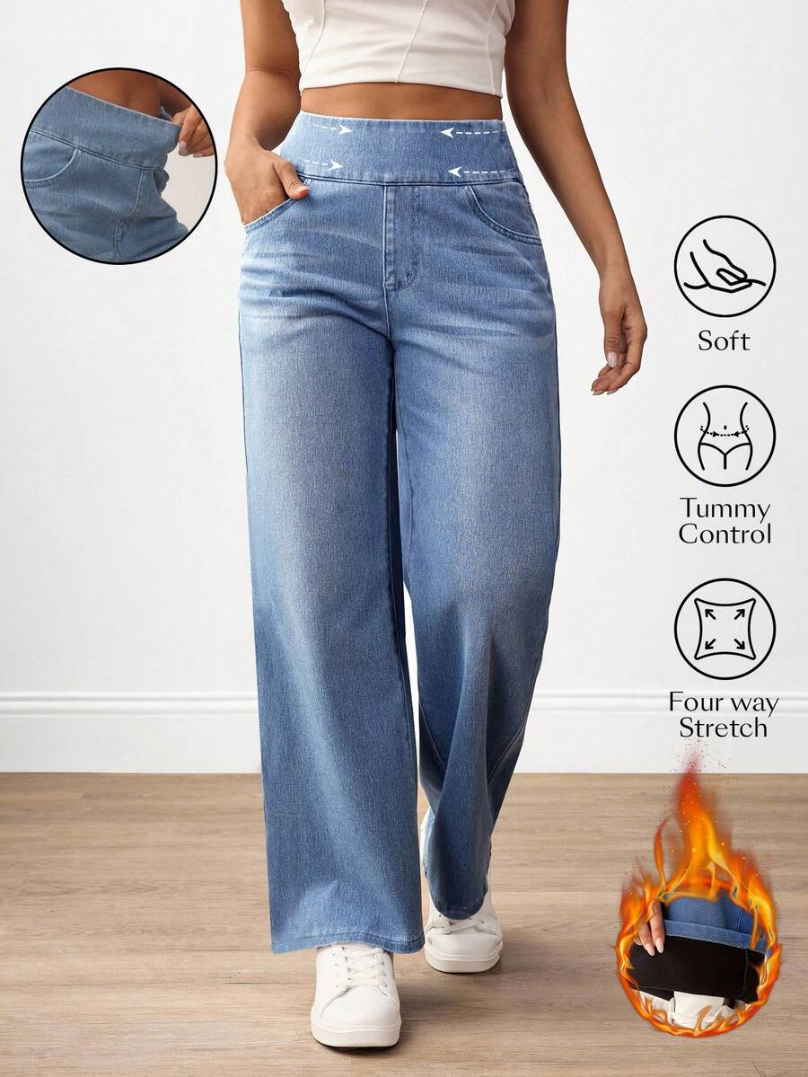 SHEIN Tall Quần jean ống rộng cạp cao, dáng rộng, thường ngày cho nữ - Màu xanh lam - Xem 1
