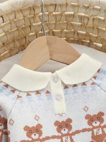 SHEIN 男婴针织毛衣套装，时尚可爱的彼得潘领卡通熊提花开衫，针织上衣+针织裤，春秋冬百搭，柔软舒适，适合日常穿着、外出、旅行、度假、居家、日托和儿童玩耍 - 杏色 - 查看 4