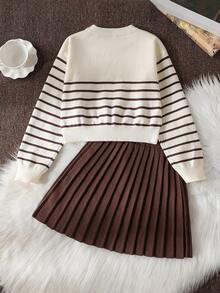 Sparklyn 棕白相间柔软舒适弹力宽松针织毛衣套装，适合居家、度假、新年、圣诞节、万圣节派对、返校季穿着。儿童两件套裙装，青少年百褶裙套装，秋冬女童服装裙装套装。 - 卡其色 - 查看 2