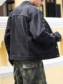 ROMWE MEN Street Life Men's Casual Fashion Street Star Rhinestone Flap Pocket Denim Jacket, Spring/Autumn - Black - View 2