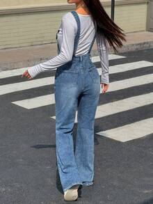 Rivivi 女士秋季休闲百搭喇叭形牛仔背带裤，带口袋，牛仔背带裤，牛仔连体裤，女士背带裤，牛仔连体裤，牛仔连身裤