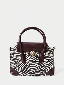 SHECARRY Women's Fashion Commuter Zebra Print & Crocodile Embossed Patchwork Handbag - Black and White - View 2