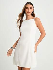 CAJUNI 女士白色夏季梭织面料修身无袖高领包臀迷你连衣裙 | 现代优雅派对花园假日婚礼风格，女士白色连衣裙，白色鸡尾酒裙，白色曲线连衣裙，白色绷带裙，优雅白色连衣裙 - 白色 - 查看 3