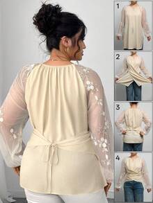 Elenzga Áo cánh thêu lưới chéo thanh lịch cỡ lớn cho nữ, trang phục công sở, mùa thu/đông - Màu be - Xem 2