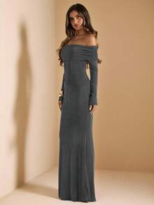 SHEIN BAE 1 件女式纯色露肩长袖紧身性感短款腰鱼尾长裙、棕色长裙、咖啡色长裙、生日长裙、秋冬分层装、派对长裙 - 深灰色 - 查看 7