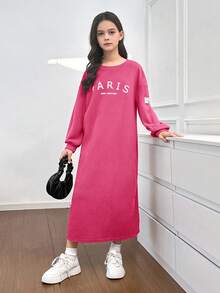SHEIN 青少年女孩休閒保暖內裡寬鬆衛衣連身裙，粉色與白色，秋冬，學校，返校季 - 玫紅色 - 查看 6