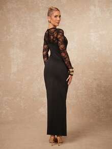 Lumalex Winter Fall Asymmetrical Lace Patchwork Long Sleeve V-Neck Bodycon Dress For Women Long Sleeve Formal Dress Black Long Dress Elegant Black Formal Evening Gown Black Wedding Guest Dress  Luxury Prom Gathering Party Banquet Modest Old Money Coquette Glitter Holiday Party Rave Festival Outing Vacation Hot Outdoor Richly Layered Wedding Season Banquet ID Al-Adha Al-Adha Party New Year ANCORA Red Bordeaux Red BURGUNDY Red Party Must Have Perfect For Frosty Days - Black - View 2