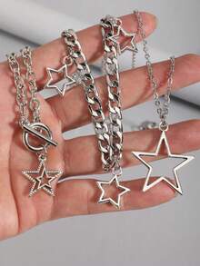 ROMWE Goth 2 chiếc vòng cổ mặt dây chuyền hình ngôi sao đính đá phong cách Punk cổ điển, vòng cổ chuỗi ngôi sao hai lớp đính đá sang trọng, vòng cổ choker phong cách đường phố - Bạc-F - Xem 3