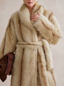 SHEIN Stylify Women's Casual Fluffy Faux Fur Straight Coat, Minimalist Design, Autumn/Winter - Khaki - View 5
