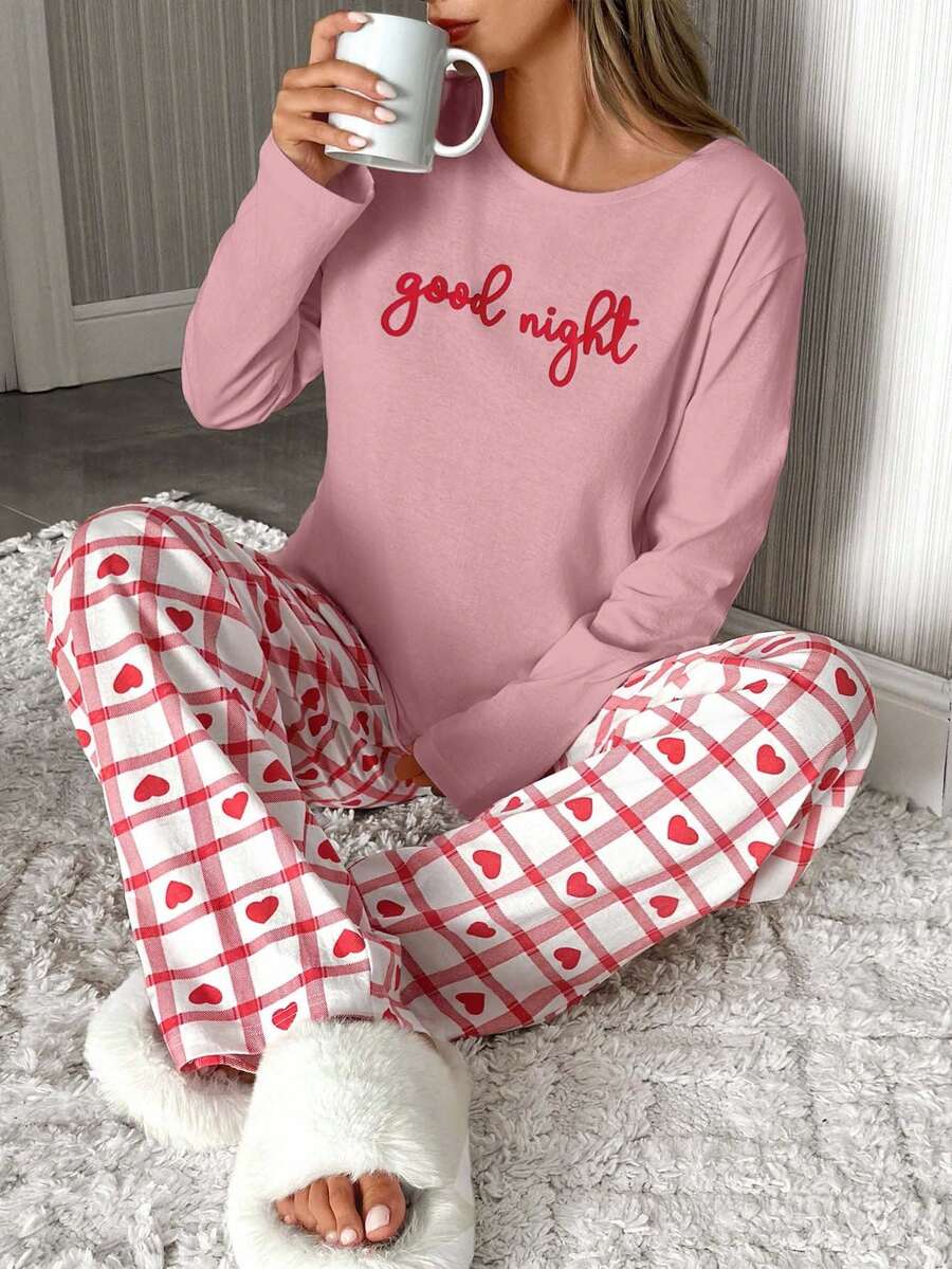 EURMUSE Buchstaben & kariertes Herz Muster weiche, bequeme Damen Nachtwäsche Set mit Langarm - Heißes Pink - Übersicht 1