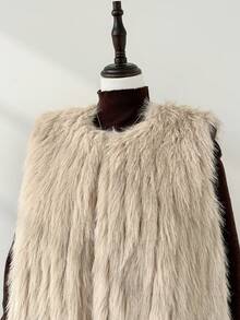 Auralis 大码女装秋冬时尚优雅宽松舒适日常百搭杏色人造毛皮马甲外套女士冬装冬装 - 杏色 - 查看 6