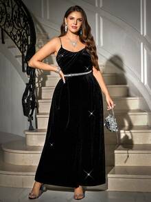 Gownix Modischer Party-Jumpsuit in Große Größen mit weitem Bein, schwarzer Träger-Jumpsuit, Samt-Träger-Jumpsuit, Taillendekoration mit Imitationsdiamant-Kette, Samt-Raffung, hochelastisches Material, große Dehnbarkeit, bequem, Weite-Bein-Jumpsuit, Party-Jumpsuit, Abendkleid, Neujahrsjumpsuit, Hochzeitskleid, Bankett-Gast 2025 Herbst und Winter neue Jumpsuits, Jumpsuits in Große Größen, Herbstbekleidung, Winterbekleidung - Schwarz - Übersicht 7