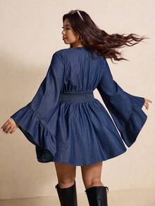 Elaquor French-Style Sexy Fitted Waist Ruffle Dress V-Neck Long Sleeve Dress Elegant Women's Clothing,Comfortable Lumbar Support Design - Dark Wash - View 2