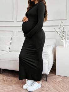 SHEIN Maternity Casual Solid Color Hooded Split Drawstring Dress, Autumn - Black - View 6