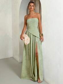 SHEIN BAE 鼠尾草绿、开心果绿、浅绿色纹理提花高开衩连衣裙、优雅长裙、早午餐裙、婚礼宾客服装、鸡尾酒会礼服 - 綠色 - 查看 7