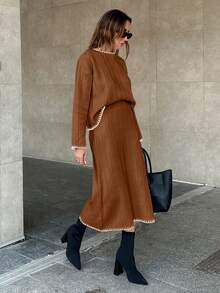 EURMUSE Women Solid Color Rib Knit Handmade Stitch Detailed Sweater & Sweater Skirt Set - Brown - View 4