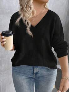 EMERY ROSE 大码女式 V 领多层霓虹色长袖 T 恤，秋冬 - 黑色 - 查看 1
