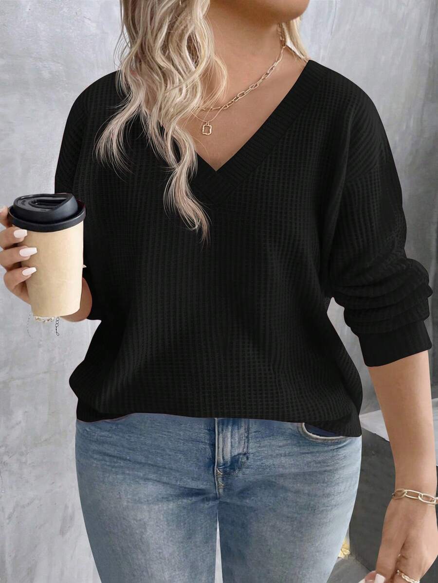 EMERY ROSE 大码女式 V 领多层霓虹色长袖 T 恤，秋冬 - 黑色 - 查看 1