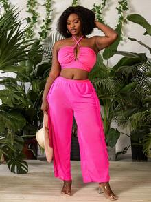 Slaydiva Holiday Beach Neon Color Plus Size 3 PiecesSwimsuit Set - Hot Pink - View 4
