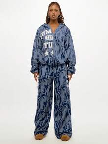 SUMWON WOMEN Oversized Camo Hoodie With Star Applique And Raw Edge Details Fall Winter Pullover Sweatshirt - Blue - View 5