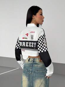 StreetHx Áo khoác xe máy nữ Thu/Đông, Áo khoác ngắn phong cách biker, Họa tiết xe máy, Màu đỏ & đen, Áo khoác ngoài dài tay thời trang đường phố - trắng - Xem 2