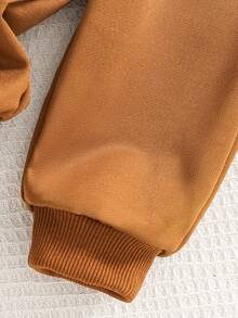 SHEIN 幼儿男童圆领动物印花套头衫搭配休闲运动裤，可爱的运动休闲风格，适合室内外穿着 - 棕色 - 查看 5