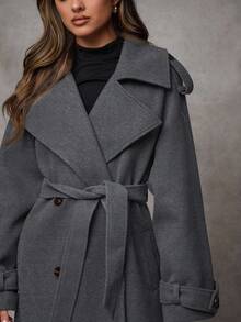 SHEIN BAE 1 件女式纯色长袖纽扣前系带休闲夹克，适合秋冬季日常穿着 - 深灰色 - 查看 7