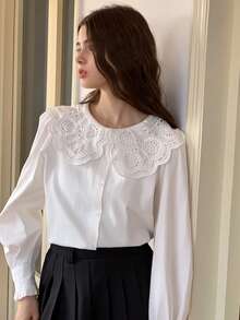 DAZY 少女休闲日常通勤简约百搭纯色宽松衬衫，彼得潘领荷叶袖，春秋季长袖上衣 - 白色 - 查看 1