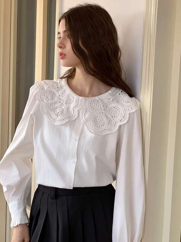 DAZY Bluzka dla nastolatki, swobodna, codzienna, prosta, uniwersalna, w jednolitym kolorze, z kołnierzykiem typu "Piotruś Pan", z bufiastymi rękawami i luźną bluzką, wiosna/jesień