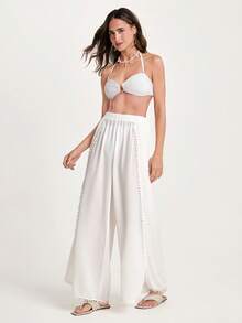 CAJUNI Women's Summer Vacation Solid Color Loose Kimono & Wide Leg Pants Set - White - View 8