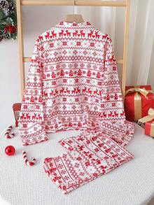 1 Set Teen Girls' Christmas Red Fair Isle Snowman & Deer Print Flame Retardant Cardigan Long Sleeve & Pants Pajama Set