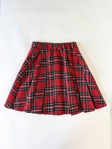 SHEIN 女童服装纯红色圆领刺绣运动衫搭配格子百褶裙女童两件套，红色格子裙套装，圣诞裙套装 - 紅色 - 查看 11