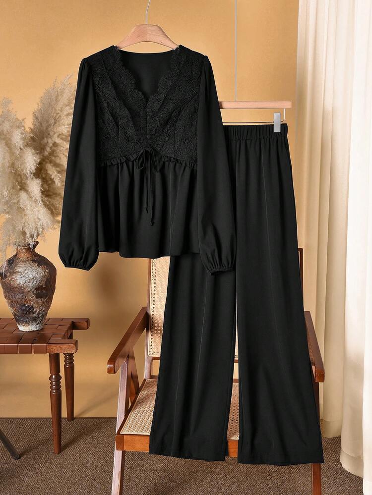 Women's Contrast Lace Front Tie Lantern Sleeve Shirt And Wide Leg Pants Casual 2 Pieces Set  Winter Clothes For Women