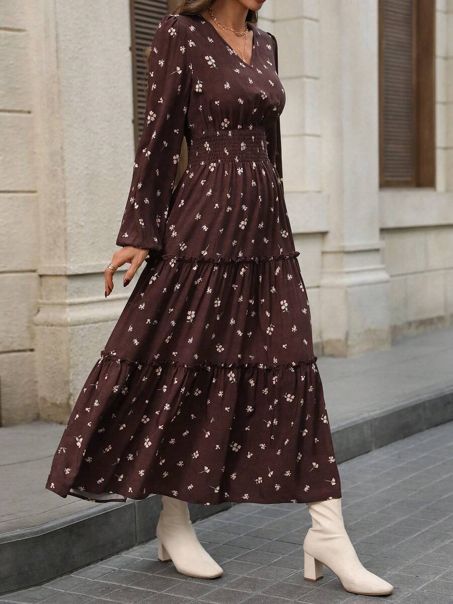 EMERY ROSE 女士优雅碎花长裙，适合通勤，长袖碎花长款连衣裙，波西米亚风长裙，女士长款碎花连衣裙，休闲长裙，秋季连衣裙 - 彩色 - 查看 1