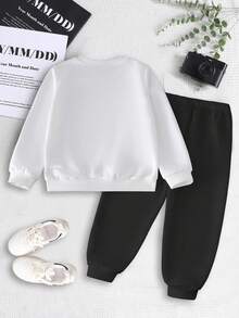 2 件男童图案 T 恤休闲舒适运动衫套装、字母印花上衣、长袖衬衫和运动裤，适合秋冬 - 彩色 - 查看 2