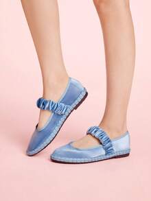 CUCCOO DOLLMOD Giày bệt Mary Jane nhung cổ điển, màu xanh nhạt thanh lịch, thoải mái, co giãn, xếp ly dành cho nữ - Màu xanh nhạt - Xem 6