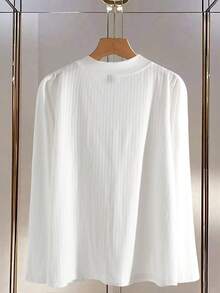 SHEIN Tall CURVE 大码女式休闲优雅珍珠纽扣罗纹开衫T恤，秋冬 - 白色 - 查看 2