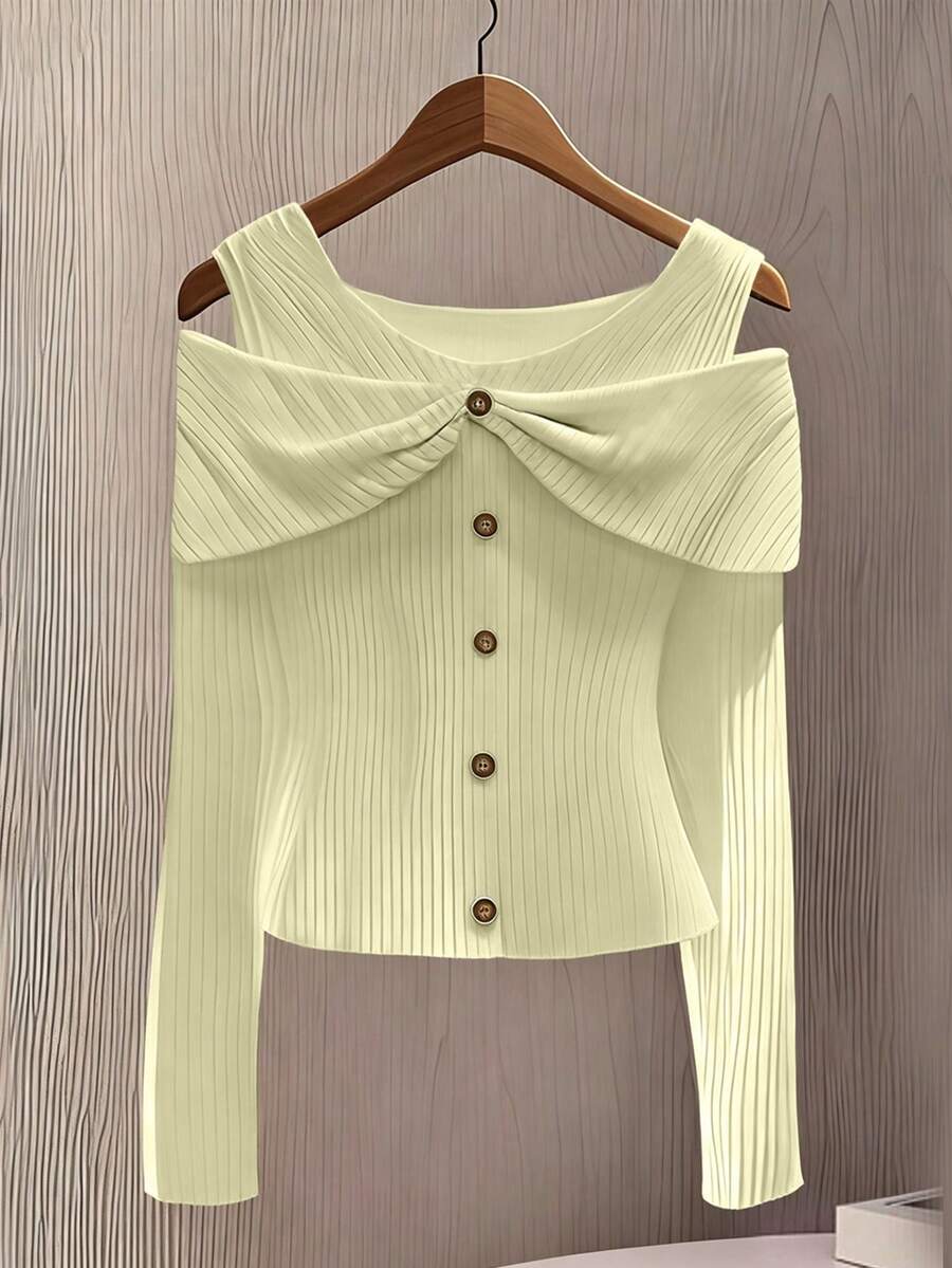 GlowEve Women's Solid Color Button Design Off-Shoulder Long Sleeve Ribbed T-Shirt - Beige - View 1