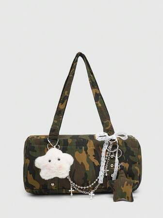 Kawaii Women's Vintage Distressed Ombre Camouflage Cross & Heart Pendant Decor Bowknot Strap Shoulder Tote Bag, Large Capacity One Shoulder Bag With Multiple Pockets
