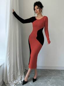 Elenzga 女士优雅撞色修身毛衣裙，秋冬 - 紅色 - 查看 6