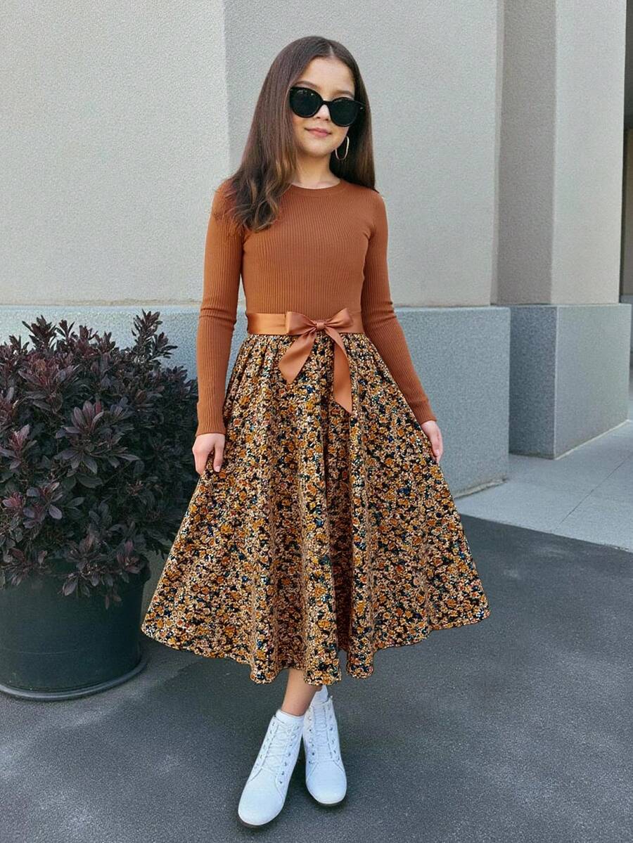 Firerie Kids Firerie Kids 青少年女孩休闲针织纯色拼布碎花圆领长袖连衣裙 - 彩色 - 查看 1