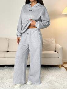 SHEIN PETITE 女士秋冬休闲宽松保暖连帽衫和运动裤套装 - 灰色 - 查看 8