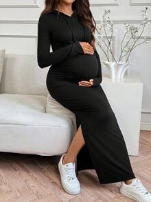 SHEIN Maternity Casual Solid Color Hooded Split Drawstring Dress, Autumn - Black - View 4