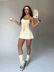 Dewbera Women's Adjustable Strap Sports Dress With Butterfly Tie Front, Contrast Hem A-Line, Hollow Back, Attached Shorts With Pockets, Suitable For Daily Casual, Running, Yoga, Gym, Tennis, Golf And Other Sports