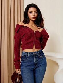 Lyxana Women's Turndown Collar Zipper Front Cable Knit Cardigan - Burgundy - View 9