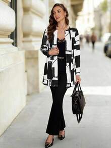 Editum Women's Regular Fit Black And White Geometry Pattern All-Match Jacket In Fall/Winter - Black and White - View 4