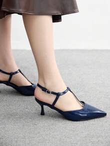 CUCCOO BIZCHIC Zapatos de tacón bajo con punta puntiaguda y correa de tobillo en color marrón café, adecuados para ir al trabajo, citas y fiestas, zapatos de primavera - Azul Marino - Ver 5